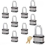 Master Lock Magnum Padlocks - 2" W x 1-1/2"L Shackle, Ten (10) Keyed Alike Locks #M5NKALFSTS-10 w/BumpStop Technology