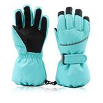 Winter Windproof Ski Gloves with Fleece Lining Warm Children Kids Mittens Snowboard Gloves Boys Girls (Green, 6-10 Years)