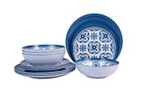 Melamine Dinnerware Set -12pcs Outdoor and Indoor Plates and Bowls Set ,Service for 4, Dishwasher Safe, Blue Flower