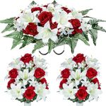 Artificial Headstone Flower Saddles for Graves, Cemetery Memorial Flowers for Outdoor Tombstone Decorations, Lily Rose Gerbera Mixed Saddle Flowers (White Lily, 1 Saddle 2 Bouquets)