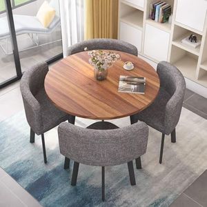 WOOOFA Round Dining Table Set for 4, Faux Marble Conference Table and Chairs Set, Kitchen Table Chairs Set with Strong Metal Frame, Space-Saving, Office Table and Chair Set for Home and Apartment