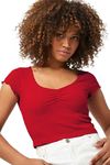 SIGHTBOMB Heart Neck Babylock Front Ruched Lettuce Cut Half Sleeve Ribbed Tops for Women (Small-Medium, RED)