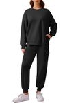 PINSPARK Womens Sweatsuits 2 Piece Set Long Sleeve Sweatshirt Crewneck Cargo Jogger Pants with 4 Pockets Travel Tracksuit, Black XL