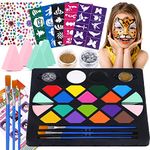 BOBISUKA Face Painting Kit for Kids - 16 Colors Water Based Body Face Paint Includes Brushes,Sponges,Glitters,Gem Sheet,Instructions,Stencils for Halloween Party Costume SFX Makeup