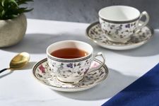 GOLDEN QUEEN'S Bone China Floral Cups & Saucer Set For Coffee/Tea/Hot Drinks - Of 12 Pcs (Pink Grey Florals165 Ml)