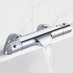 Solepearl Thermostatic Bath Shower Mixer Bar, 38℃ Thermostatic Bathtub Shower Mixer Valve with Waterfall Bath Filler Spout, Exposed Brass Thermostatic Shower Tap Anti Scald, Deck Mounted, 180mm