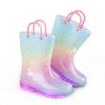 EUXTERPA Girls Colorful Wellies Kids, Child Glitter Welly Boots Light Up Girls Rain Boots Pull-On Handles , Ombre, 2 UK