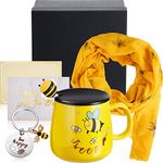 4 Pieces Bee Themed Gift Set for Women Including Ceramic Bee Mug Tea Cup with Cover and Spoon Silk Bees Scarf Wraps Shawl Women Keychain Bee Keyring with Box and Gift Card Present for Bee Lover