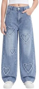 PATPAT Girls Jeans Baggy Wide Leg Sweet Heart Y2K High Elastic Waisted Loose Denim Pants for Kids with Pockets 13-14 Years