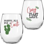 On The Rox Drinks Plant Lady Succulent Cactus Gifts for Women- Set of 2 Funny Wine Glasses 15oz - Plant Lover Gift Mug - Pretty Fly For a Cacti- Crazy Plant Lady Wine Glass Tumbler