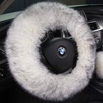 Andalus Luxurious Australian Sheepskin Long Wool fuzzy steering wheel cover, Anti-Slip 15 Inch fluffy steering wheel cover Offers Plush Feel, Eco-Friendly sheepskin steering wheel Cover(White & Black)