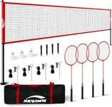 Complete Badminton Set with Net, Portable, Regulation Size for Backyard Beach Outdoor Family Games - Includes 4 Rackets, 3 Shuttlecocks, tensioner System & Carry Bag