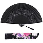 Lystaii 1pcs Folding Hand Fans for Women - Chinese Japanese Bamboo Vintage Silk Black Fan for Church, Gift, Wedding, Party，Dance, Performance, Music Festival