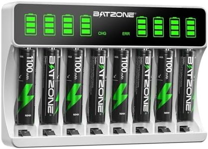 BATZONE Caricabatteria con 8 x batterie AAA, Caricabatteria Intelligente schermo LCD, per Batterie NI-MH/NI-CD, Caricabatteria Individuale 8 Baie per Batterie AA AAA Ricaricabili