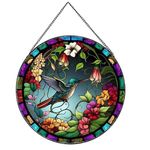 Payutou Hummingbirds and Flowers Pattern Suncatcher Stained Glass,Hanging Stained Glass for Windows,20cm/7.87inch Hand-Painted Sun Catcher Garden Hangings Painted Glass Panel Decor Themed Gift