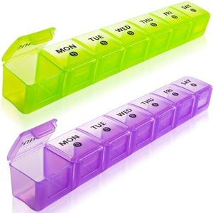 2pack Weekly Pill Organiser, Pill Boxes 7 Day 2 Times a Day Large Pill Box Organiser 14 Day XL Medication Tablet Case for Travel Fish Oil Vitamin Holder Supplement (Purple-Green)