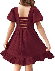 Arshiner Vestido sin Espalda para niñas Manga Corta Cuello Cuadrado Dobladillo con Volantes Princesa Elegante Fiesta de Bodas Festiva Vestidos de Verano Rojo Vino 8