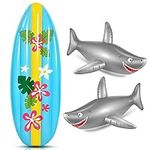 Cunhill 3 Pcs Inflatable Surf Board and Shark Luau Decoration Include 2 Pcs 38.9 in Shark Pool Toy and 60 in Inflatable Surfboard Decor Shark Party Decorations for Adults Boys Girls Surf Beach Party