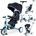 HONEY JOY Tricycle, 9-in-1 Toddler Bike w/Adjustable Push Handle & Canopy, Reversible Seat, Removable Pedal & Folding Rear Wheels, Safety Belt, Storage, Kids Trike for Boys Girls Aged 1-6 (Blue)