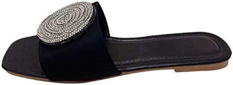 ORNVEION Women’s Bling Rhinestone Square Flat Sandals,Crystal Satin Glitter Mules Slippers Boho Open Toe Slip-on Beach Sandals, Black, 6