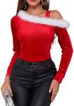 VIDUSSA Christmas Cold Shoulder Tops - Womens Santa Velvet Long Sleeve Off The Shoulder Fur Trim Sweater Tops Red X_Large