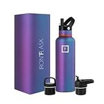 IRON °FLASK Sports Water Bottle - 24 Oz, 3 Lids (Straw Lid), Leak Proof, Vacuum Insulated Stainless Steel, Hot Cold, Double Walled, Thermo Mug, Standard Metal Canteen