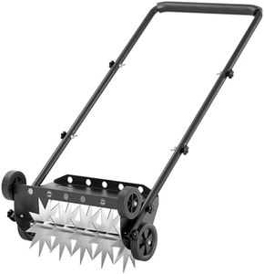 Lineware 18-Inch Lawn Aerator,Heavy Duty Push Spike Aerator with 4 Wheels,Aerator Lawn Tool with Steel Handle, Manual Aerator Lawn Tool with Foam Armrests, Suitable for Lawn, Garden and Yard