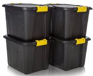 Strata Heavy Duty 4 x 42L Black Storage Crates & Lids Black Yellow Handles