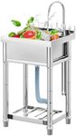Freestanding stainless steel sink, stainless steel kitchen commercial sink with hot and cold water pipes, adjustable legs, suitable for laundry room, farmhouse