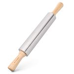 Navaris Stainless Steel Rolling Pin - Non-Stick Steel Rolling Pin with Wooden Handles for Baking, Cooking, Cookies, Biscuits, Pizzas, Dough- Silver