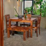 CUSTOM DECOR Carlsbade Solid Sheesham Wood 4 Seater Dining Table Set | with 3 Chairs and 1 Bench - Honey Teak Brown