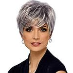 Gray Wigs for Women, Temperament, Oblique Bangs, Texture, Fluffy Short Hair, Black Gradient Silver, Middle-Aged and Elderly Women’S Wigs, Natural Synthetic Hair for Daily Use