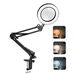 Dylviw Magnifying Glass with Light and Stand, 3 Color Modes Stepless Dimmable, 5-Diopter Glass Lens, Adjustable Swivel Arm, LED Magnifier Desk Lamp for Close Work, Repair, Crafts, Reading - Black