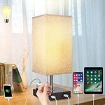 Depuley USB Table Lamp with 2 Charging Ports and AC Outlet, Modern Grey E27 Bedside Lamp, Linen Fabric Shade, Square Bedroom Lamps for Reading, Study, Living Room, Dorm (5w Bulb incl)