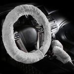 Fluffy Steering Wheel Cover Cute 3 Pcs with Handbrake Cover & Gear Shift Cover Soft Warm Plush Steering Wheel Cover for Women Girl (Silver Gray)