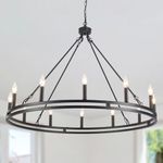 12-Light Black Wagon Wheel Chandelier, 37.99" Modern Farmhouse Wheel Round Chandeliers for Dining Room Light Fixture Living Room, Kitchen Island, Foyer, Hallway Entryway