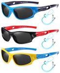 Rocf Rossini Pack of 3 Flexible Kids Sunglasses Polarized Sports Sun Glasses Girls Boys Cricket Shades with Straps UV400 Protection Eyewear for Age 3-10 (Blue/Darkblue+Black/Red+Yellow/Blue)