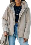 Dokotoo Womens Oversized Fashion Windbreaker Winter Autumn Full Zipper Front Drawstring Hooded Bomber Puffer Jacket Baggy Short Coats for Women Warm Comfy Soft Outerwear with Pockets Beige L