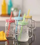 Ash & Roh® - Glass Mason Jar with Multi-Color Air-Tight Lids with Straw Mugs with Handle, Regular Mouth for kitchen - 500 ML (4)