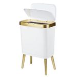 Yatgowell Gold Bathroom Trash Can, Slim Garbage Can with Lid, 4 Gallon Kitchen Trash Bin with Legs, Modern White Trash Can Plastic Waste Basket for Bedroom, Living Room,Office