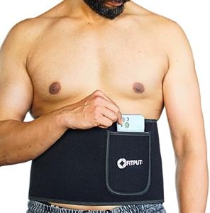 FITPUT Sweat Belt for Men Made of Neoprene with Pocket, Stomach Belt for Men and Women Non-Tearable, Sauna Belt for Weight Loss Exercise Fitness Waist Trainer, Sweat Slim Belt for Men (Black)
