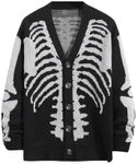 SHENHE Women's Skeleton Print V Neck Button Down Goth Cardigan Grunge Loose Fit Sweater Coat Black and White Large