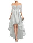 BessDress High Low Prom Dress with Sleeves Satin Off Shoulder Cocktail Dress A Line Formal Evening Gown PM233, A-silver, 20