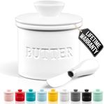 Zulay Kitchen Porcelain Butter Crock With Lid & Knife - Authentic French Butter Dish For Fresh & Spreadable Butter - White