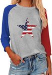 Womens 3/4 Sleeve Fashion Crewneck Tops Patchwork Blouse Casual Loose Comfy Shirt, Star Grey, Medium