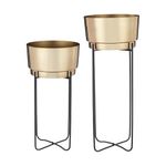 amazon basics Planter Flower Pot with Stand (Set of 2) | for Home décor | (Cylinder Shaped) (Antique Gold and Copper Finish)