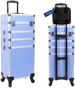 5-in-1 Rolling Makeup Train Case, Large Professional Cosmetic Trolley Organizer on Wheels with 360° Swivel Wheels, Lockable Black Aluminum Travel Case for Makeup Artists, Nail Techs & Hairstylists