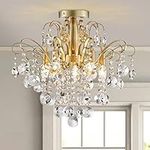 WUZUPS Crystal Chandelier Flushmount Ceiling Light Modern Lighting Fixture for Bedroom Hallway Bar Kitchen Bathroom, H 45 x W 50, E14 Base, Gold