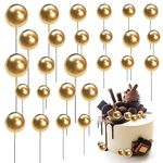 Gold Balls for Cakes, 50pcs Round Ball Cake Topper Mini Balloons Cupcake Toppers Sticks DIY Foam Golden Ball Cake Decorations for Birthday Wedding