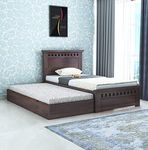 GANPATI ARTS Sheesham Wood Armania Single Size Trundle Bed with 1 Extra Pullout Bed Bedroom Living Room Home Hostel (Walnut Finish)